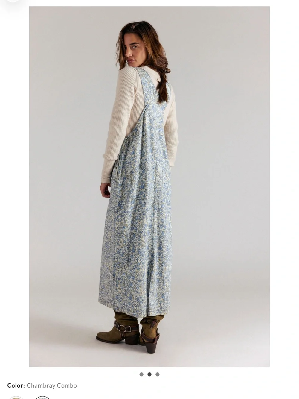 Chambray Combo Floral Denim Overall Dress - Blue - Picture 2 of 3